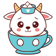 Adorable Kawaii Goat in Blue Cup with Sugar Hat, Cute Cartoon Animal