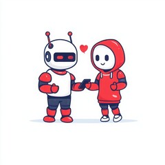 Cute robot and human character sharing a moment of connection while holding a smartphone, showcasing friendship and technology interplay in a colorful design