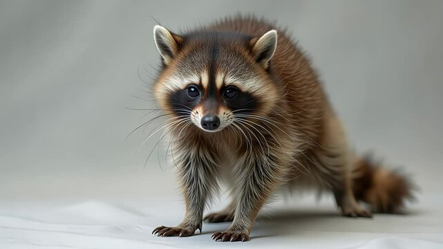 Raccoon curiously exploring a neutral background  