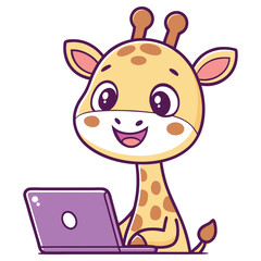 Cute Cartoon Giraffe with Laptop, Smiling Face, Big Eyes, on White Background