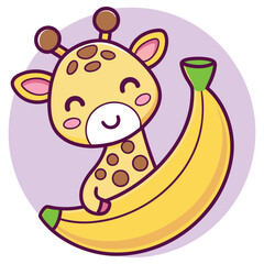 Cartoon Giraffe Hugging Banana, Cute Animal Character with Smiling Face, Flat Design