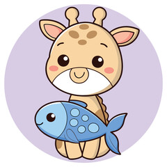 Cartoon Giraffe Holding a Blue Fish, Cute Animal with Round Cheeks, Big Eyes Design