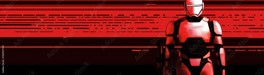Poster futuristic robotic soldier in a dynamic red background with abstract lines, showcasing advanced tech