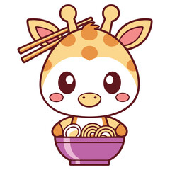 Cute Giraffe Cartoon Holding Bowl of Ramen Noodles with Chopsticks Anime Style Design