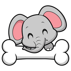 Cartoon Elephant Mascot Character with Bone, Cute Animal Clipart, Gray and Pink