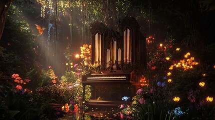 Obraz premium A grand organ and piano placed in a mystical forest setting