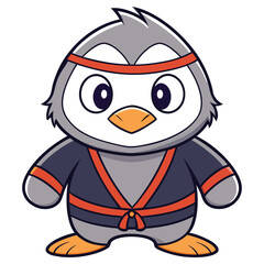 Cartoon Penguin Character Wearing Martial Arts Uniform with Headband on White