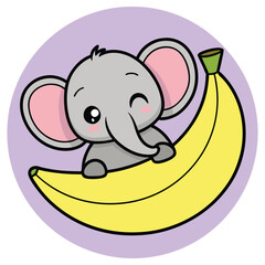 Cartoon Gray Elephant Hugging Big Banana with Cute Eyes on a Purple Circle Border