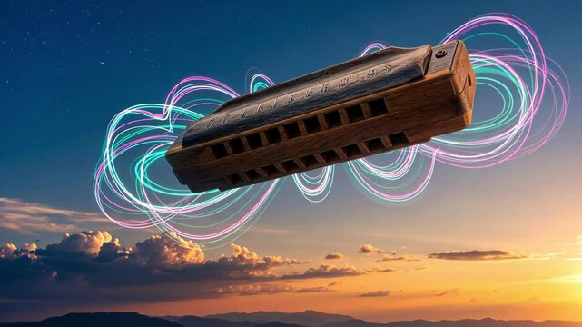 A harmonica floats amidst colorful waves at sunset, evoking creativity.