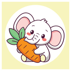 Cute Cartoon Elephant Holding Carrot With Green Leaves on OffWhite Background