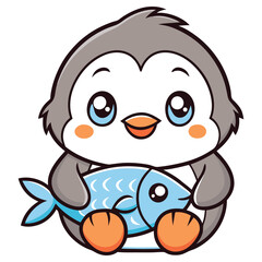 Cute Penguin Cartoon Holding a Blue Fish with Big Eyes on a White Background