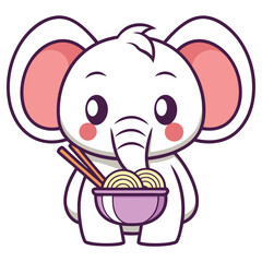 Cartoonish White Elephant Standing and Holding a Bowl of Noodles With Chopsticks