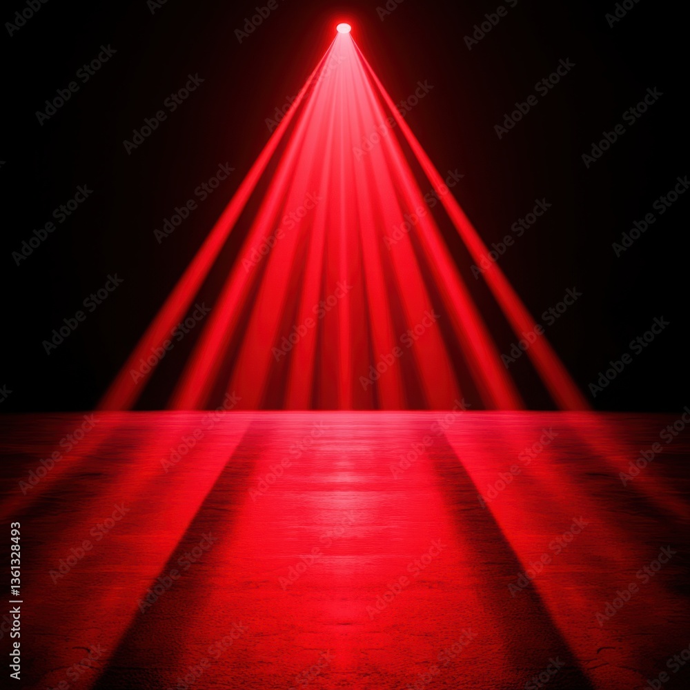 Poster dramatic red light beam illuminates dark stage creating bold visual contrast and captivating atmosph