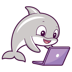Cartoon Dolphin with Laptop, Smiling Gray Marine Animal with Purple Computer Device
