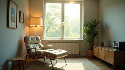 Fototapeta premium Relaxing in a Modern Living Room with Cozy Chair and Natural Light
