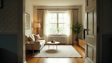 Obraz premium Living Room with Sofa, Window, and Indoor Plants in Neutral Tones