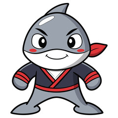 Cartoon Gray Shark Character Dressed In Black Ninja Outfit With Red Bandana Isolated