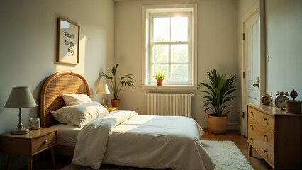 Fototapeta premium Cozy bedroom interior with natural light, plants, and vintage furniture