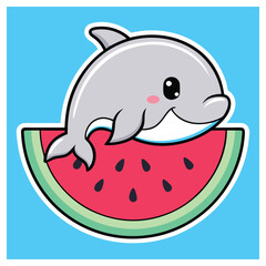 Cartoon Dolphin Balances Atop Sliced Watermelon; Blue Background, Cheerful, Playful Art
