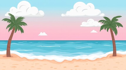 Obraz premium Serene Tropical Beach Scene with Palm Trees and Gentle Waves Under a Colorful Sky at Sunset, Perfect for Relaxation and Vacation Themes