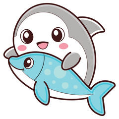 Kawaii Dolphin Hugging a Spotted Blue Fish, Cute Animal Character Cartoon