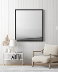 Minimalist black and white landscape framed print in modern living room.