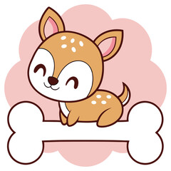 Cartoon spotted deer lying on white bone over pink cloud, smiling, art