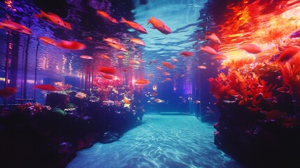 Fototapeta premium Underwater scene depicts marine life in a large aquarium setting