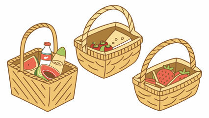 Picnic hampers. Wicker braided handle baskets flat vector illustration set. Cartoon food storage baskets on white
