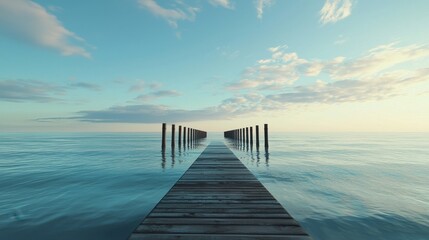 Obraz premium A calming scene captures the long wooden pier leading into the tranquil blue sea, under a serene sky with gentle clouds, invoking peace and escape.