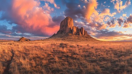 Naklejka premium A Majestic Mountain Peak at Sunset in a Vast Desert