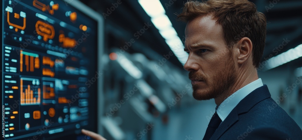 Poster businessman analyzing data on digital screen in tech environment