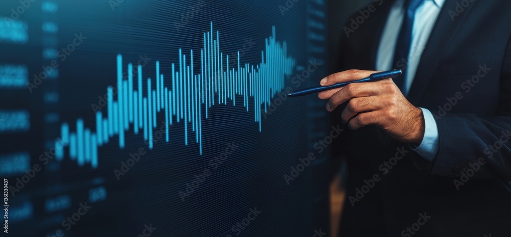 Poster business professional analyzing graph on digital display screen