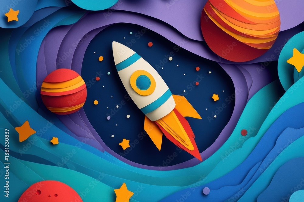 Poster layered paper cut space creation featuring a rocket ship among vibrant planets and shimmering stars 