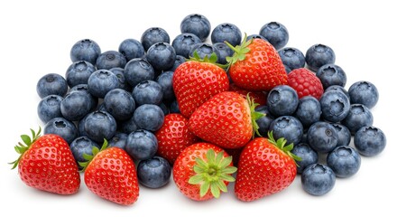 Closeup of Fresh Strawberries and Blueberries on White Background