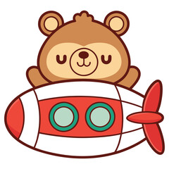 Cartoon Brown Bear Riding a Red and White Rocketship with Teal Windows