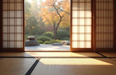 Japanese tea room tatami mats. Minimalist interior design features traditional sliding doors, window. Empty zen space, garden view with rocks, plants. Asian culture, travel, house decor.