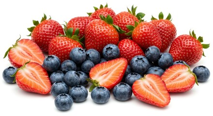 Obraz premium Closeup of Red Strawberries and Blue Blueberries Isolated on White Background