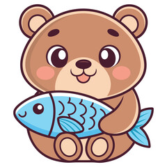 Charming Brown Bear Character with Blue Fish Plush Toy, Isolated on White,