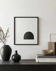 Minimalist black semicircle art print in black frame on dark shelf.