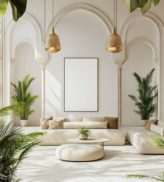 Luxurious minimalist living room with arches, beige sofa, and plants.