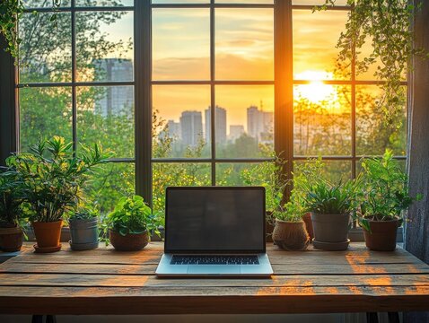 Sunset View: Laptop Work Amongst Plants