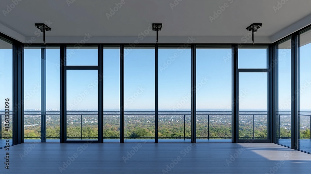 Poster modern empty room with panoramic city view from floor-to-ceiling windows.