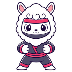 Cartoon White Llama Standing With Cute Expression Ready to Fight in Ninja Costume