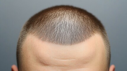 Fototapeta premium Individual with receding hairline holds back thinning hair in a close-up shot highlighting early male pattern baldness