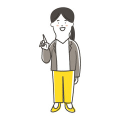 笑顔で指差ししている女性会社員の鉛筆で描いた手書き風のシンプルな全身イラスト素材