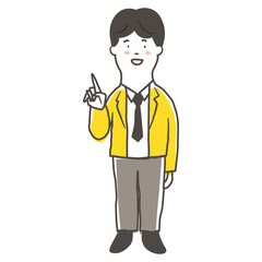 笑顔で指差ししている男性会社員の鉛筆で描いた手書き風のシンプルな全身イラスト素材