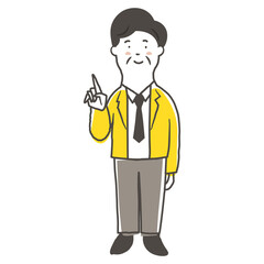笑顔で指差ししているシニア男性会社員の鉛筆で描いた手書き風のシンプルな全身イラスト素材