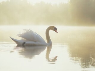 Fototapeta premium Elegant swan glides serenely across a tranquil lake, its pristine white feathers shimmering in the gentle, golden light of early morning.