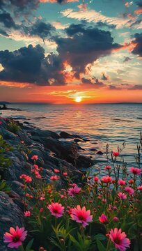 Stunning Sunset Scene at the Seaside with Flower Bush
